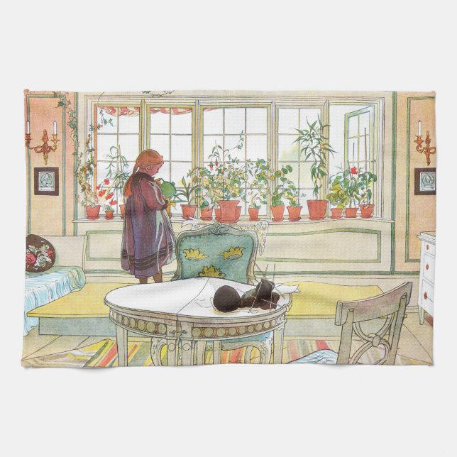 Flowers on the Windowsill Carl Larsson Swedish Kitchen Towel (Horizontal)