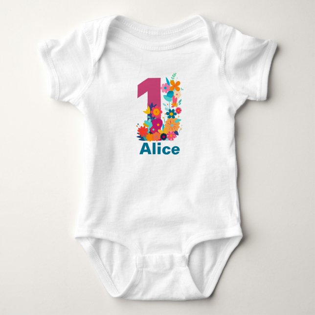 Flowers One Girl 1st Birthday Party-Personalizable Baby Bodysuit (Front)