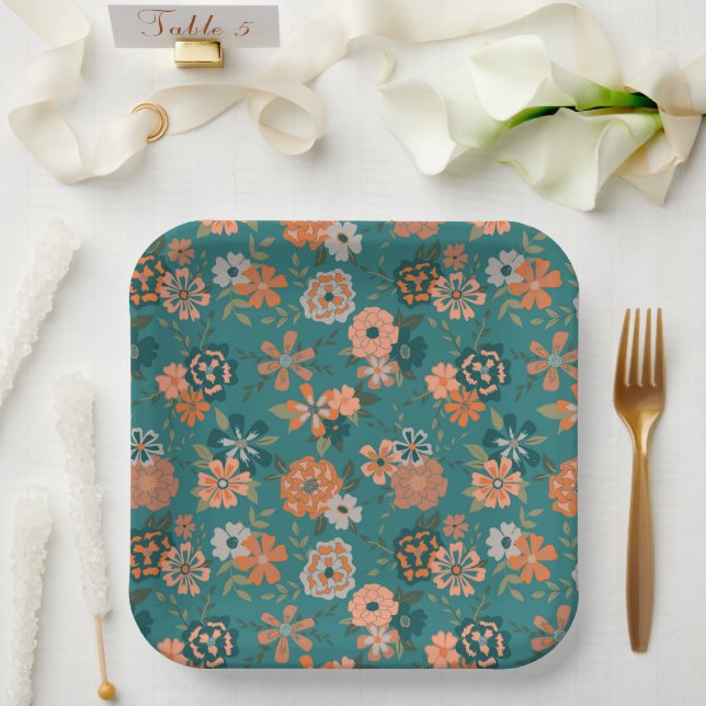 Flowers Orange Green Botanical Pattern Event Paper Plates (Wedding)