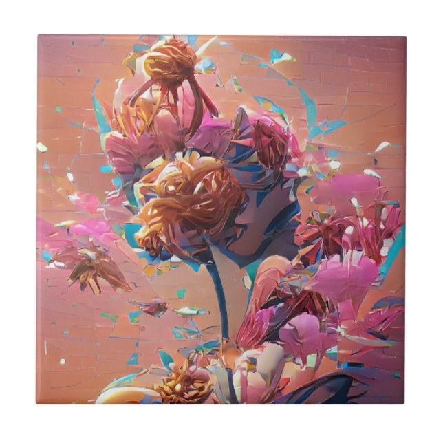 Flowers orange pink digital art  ceramic tile (Front)