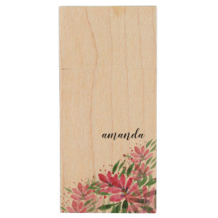 Flowers Original Art Work Watercolor Monogrammed Wood Flash Drive