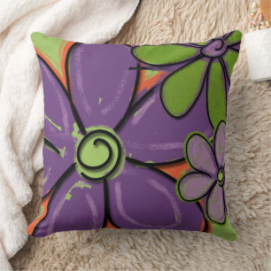 Flowers Painted Purple and Green Throw Pillow