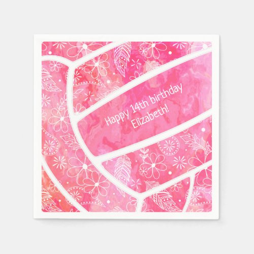 Flowers paislies feathers pink volleyball party napkins
