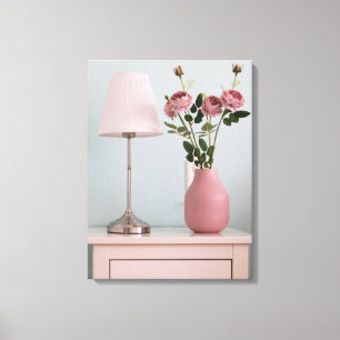 Flowers   Pale Pink Roses on Nightstand Canvas Print