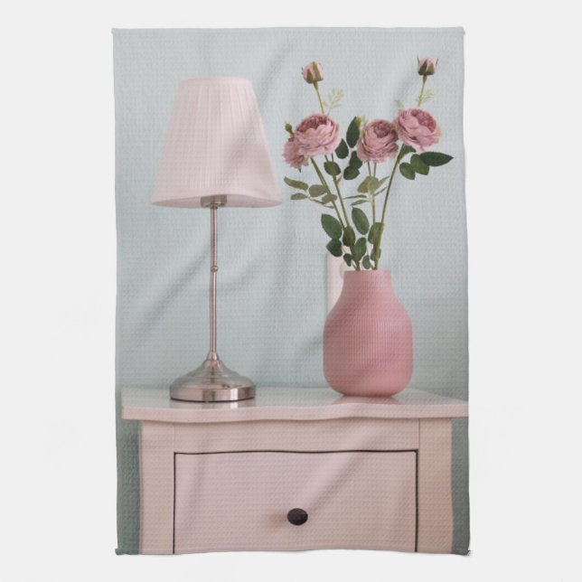 Flowers | Pale Pink Roses on Nightstand Kitchen Towel (Vertical)