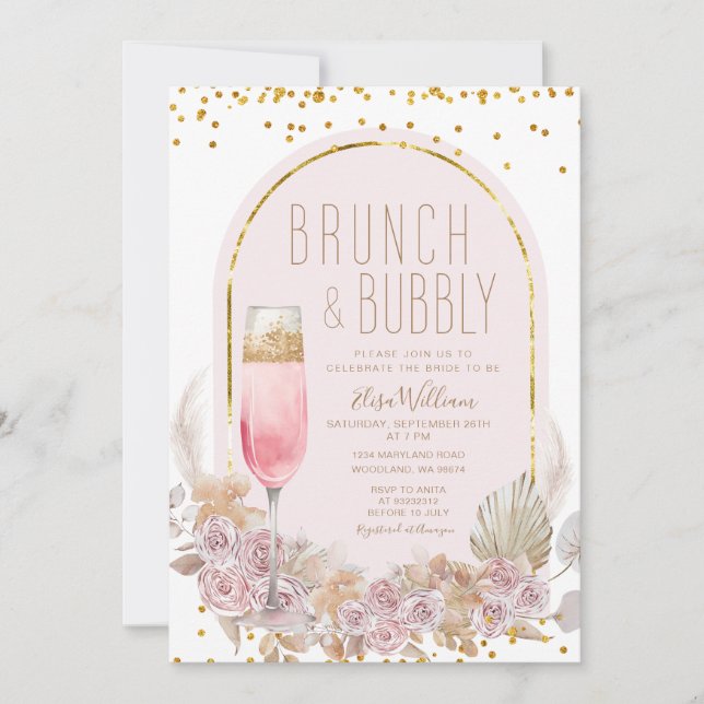  Flowers Pampas Brunch & Bubbly Bridal Shower Invitation (Front)