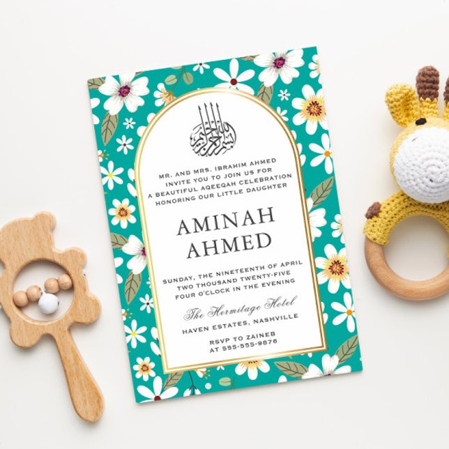 Flowers Pattern Green Islamic Aqiqa Aqeeqa Baby Invitation (Creator Uploaded)