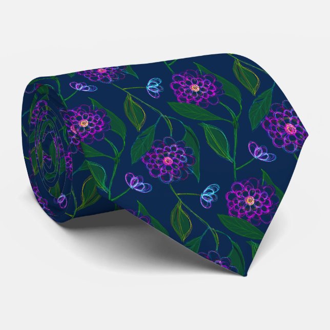 Flowers Pattern Groomsmen Navy Blue Floral Liberty Neck Tie (Rolled)