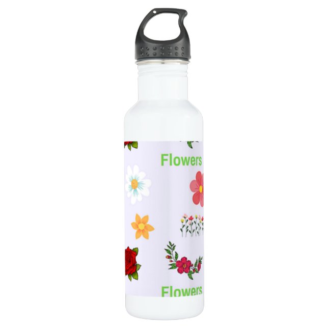 Flowers pattern on gray stainless steel water bottle (Front)