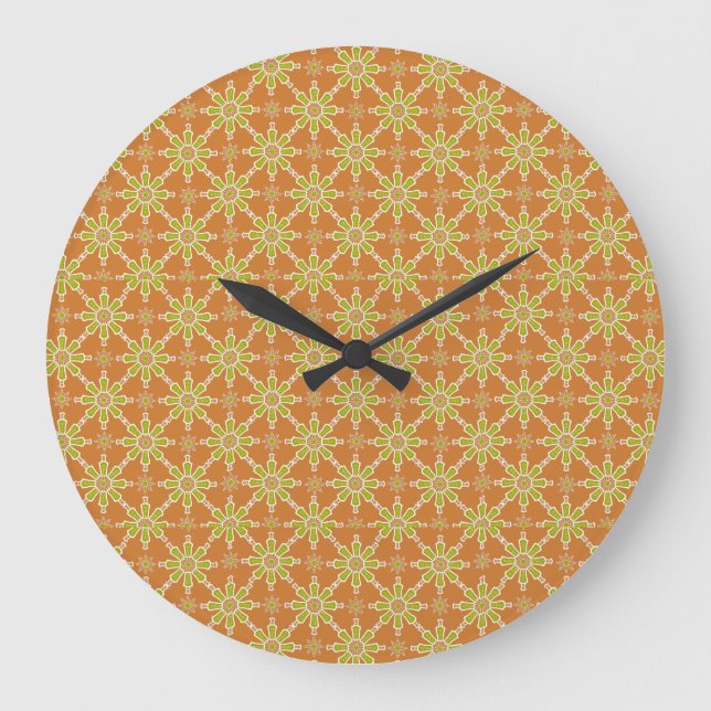 Flowers Pattern Rusty Red, Green, Cream Wall Clock (Front)