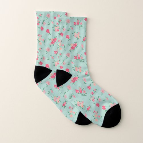 Flowers Pattern Teal Pink Dainty Ditsy Floral Socks