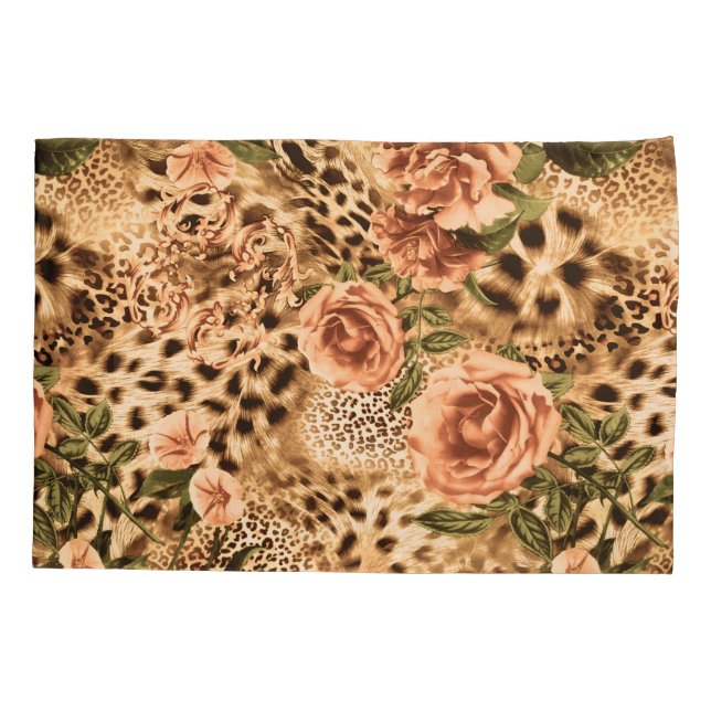 Flowers Pattern with Leopard Print Pillow Case (Back)