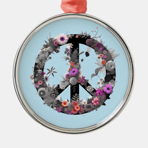Flowers Peace Sign Hippie Style Metal Ornament