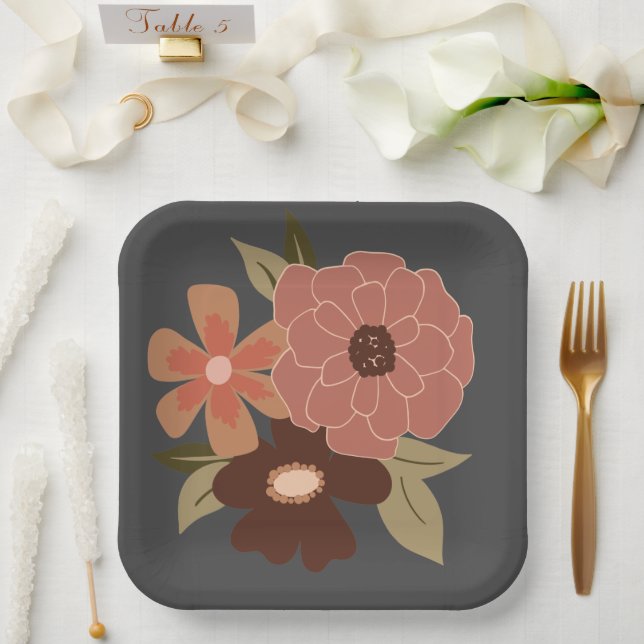 Flowers Peach Gray Botanical Event Paper Plates (Wedding)