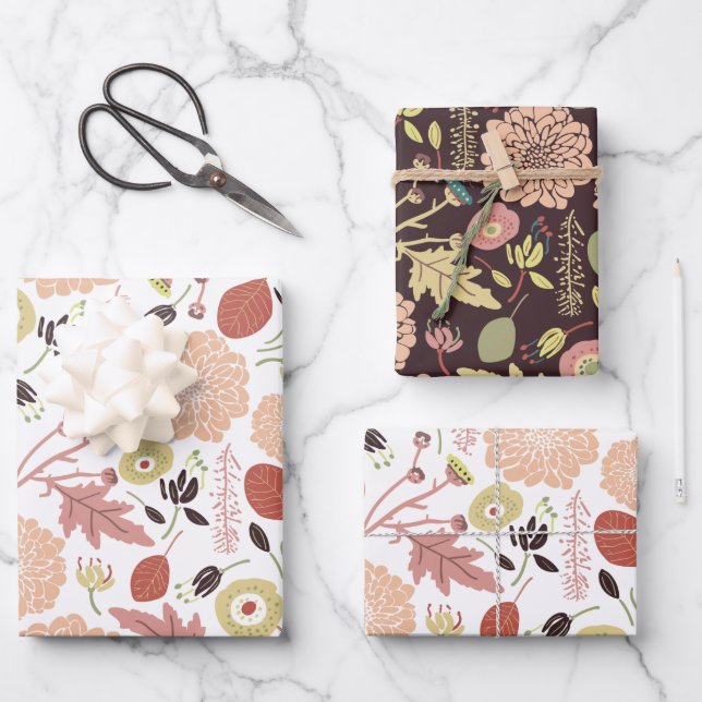 Flowers Peach Green Botanical Wrapping Paper Sheets (Front)