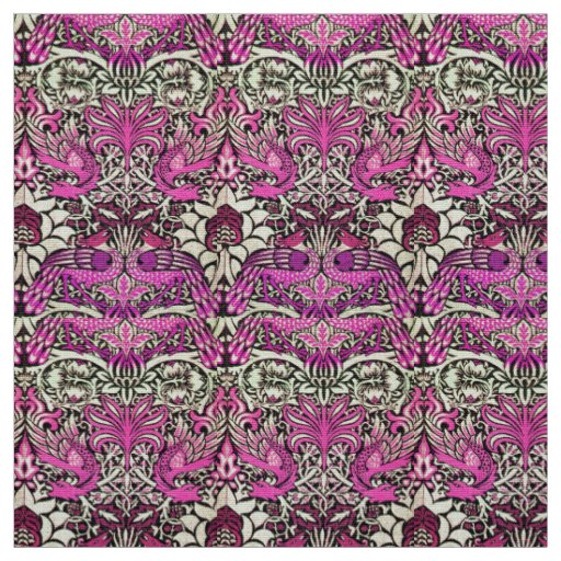 FLOWERS,PEACOCKS AND DRAGONS ,Pink BLack White Fabric