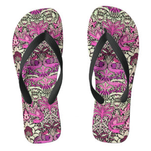 FLOWERS,PEACOCKS AND DRAGONS ,Pink BLack White Flip Flops