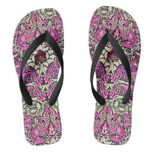 FLOWERSPEACOCKS AND DRAGONS Pink BLack White Flip Flops