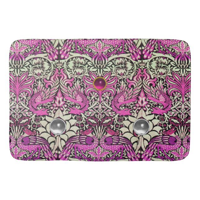 FLOWERS,PEACOCKS AND DRAGONS,PINK WHITE GEM STONES BATHROOM MAT (Front)