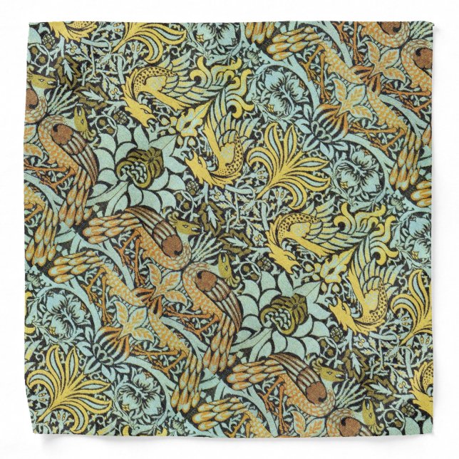 FLOWERS,PEACOCKS AND DRAGONS,Yellow Brown Gray Bandana (Front)