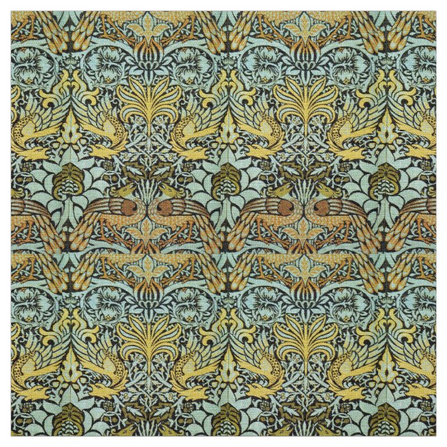 FLOWERS,PEACOCKS AND DRAGONS ,Yellow Brown Grey Fabric (Swatch)