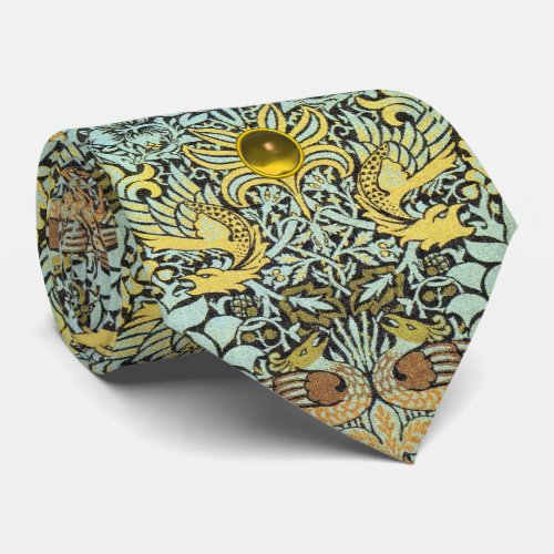 FLOWERSPEACOCKS AND DRAGONS YELLOW GEM STONE NECK TIE