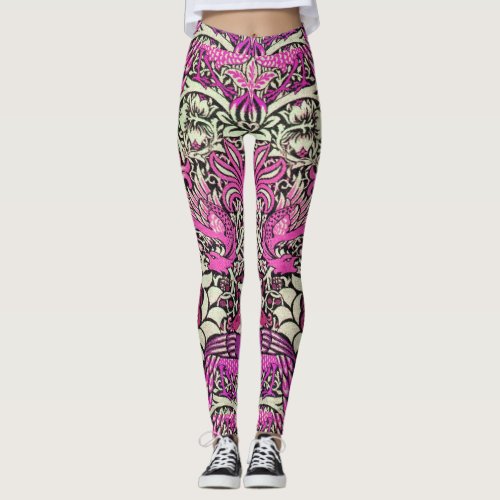 FLOWERSPEACOCKSDRAGONS Pink BLack White Fantasy Leggings