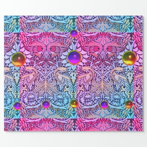 FLOWERSPEACOCKSDRAGONSPINK PURPLE YELLOW GEMS WRAPPING PAPER