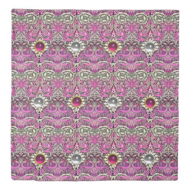 FLOWERS,PEACOCKS, DRAGONS,PINK WHITE GEM STONES DUVET COVER (Front)