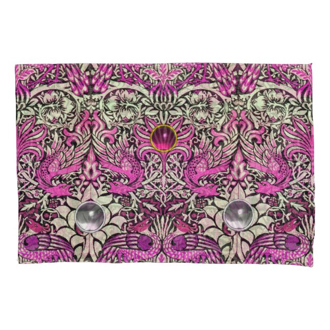 FLOWERS,PEACOCKS, DRAGONS,PINK WHITE GEM STONES PILLOWCASE (Front-Left)