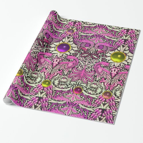 FLOWERSPEACOCKSDRAGONS PINK YELLOW GEM STONES WRAPPING PAPER
