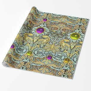 FLOWERS,PEACOCKS,DRAGONS, PURPLE YELLOW GEM STONES WRAPPING PAPER