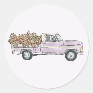 flowers pick up truck classic round sticker