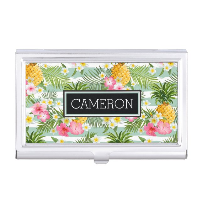 Flowers & Pineapple Teal Stripes | Add Your Name Business Card Case (Front)
