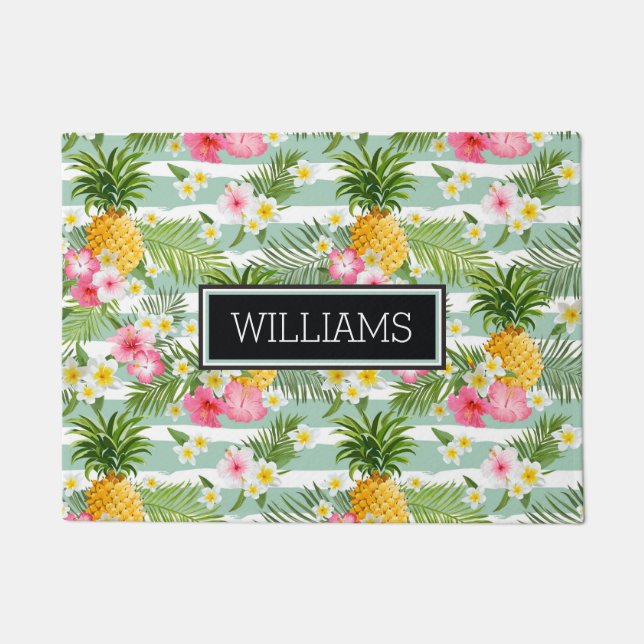Flowers & Pineapple Teal Stripes | Add Your Name Doormat (Front)