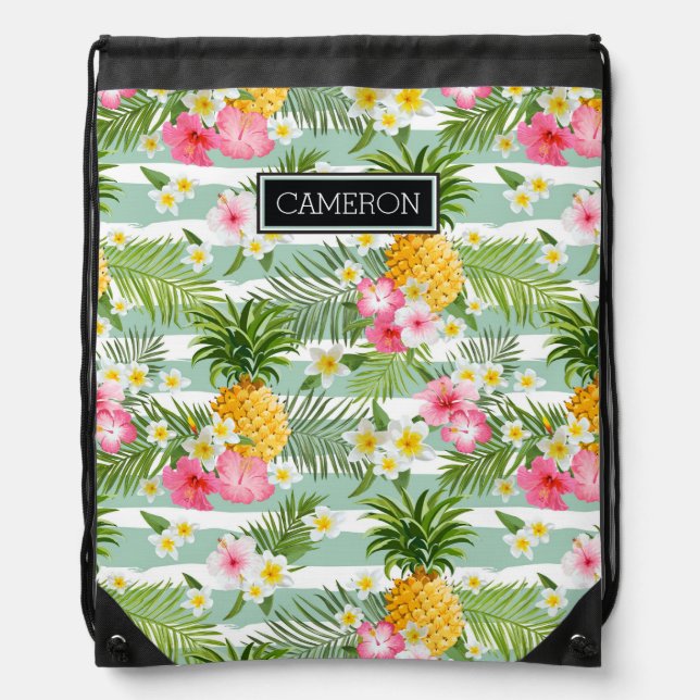 Flowers & Pineapple Teal Stripes | Add Your Name Drawstring Bag (Front)