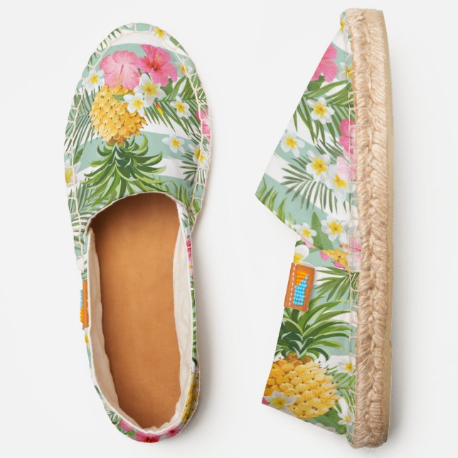 Flowers & Pineapple Teal Stripes | Add Your Name Espadrilles (Side)