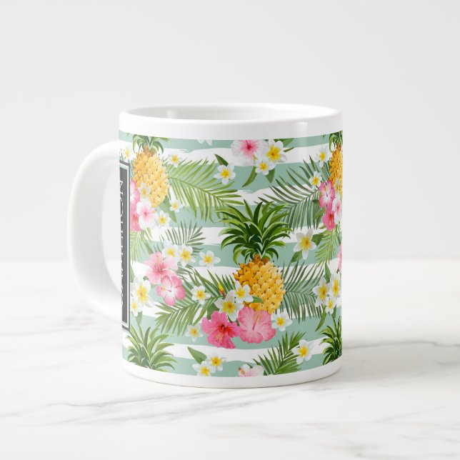 Flowers & Pineapple Teal Stripes | Add Your Name Giant Coffee Mug (Front Left)