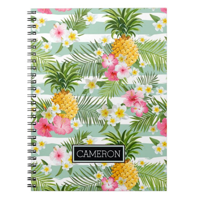 Flowers & Pineapple Teal Stripes | Add Your Name Notebook (Front)