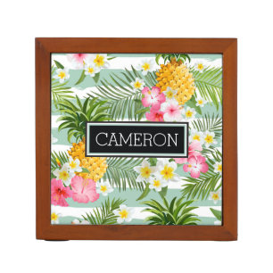 Flowers & Pineapple Teal Stripes Add Your Name Pencil/Pen Holder