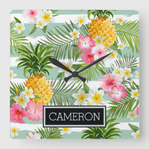 Flowers & Pineapple Teal Stripes Add Your Name Square Wall Clock