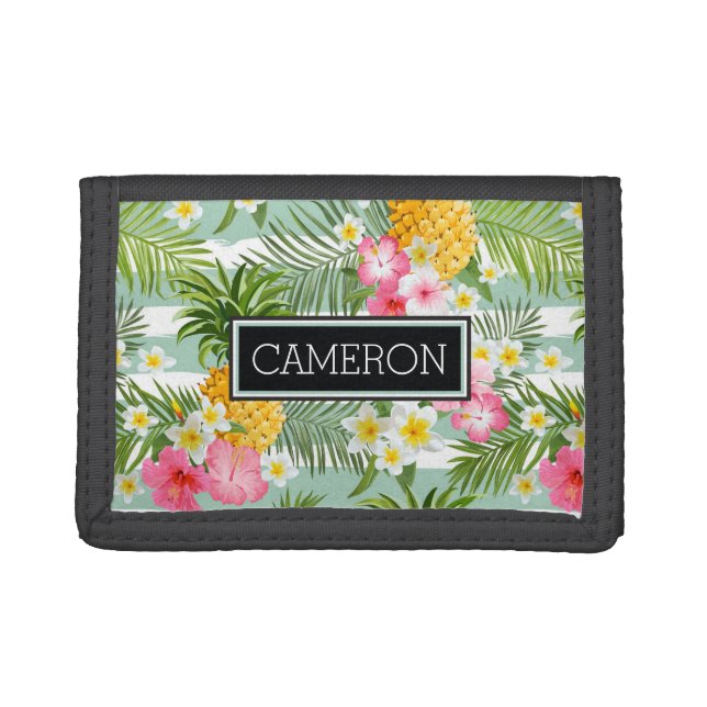 Flowers & Pineapple Teal Stripes | Add Your Name Trifold Wallet (Front)