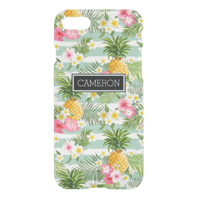 Flowers & Pineapple Teal Stripes | Add Your Name Uncommon iPhone Case (Back)