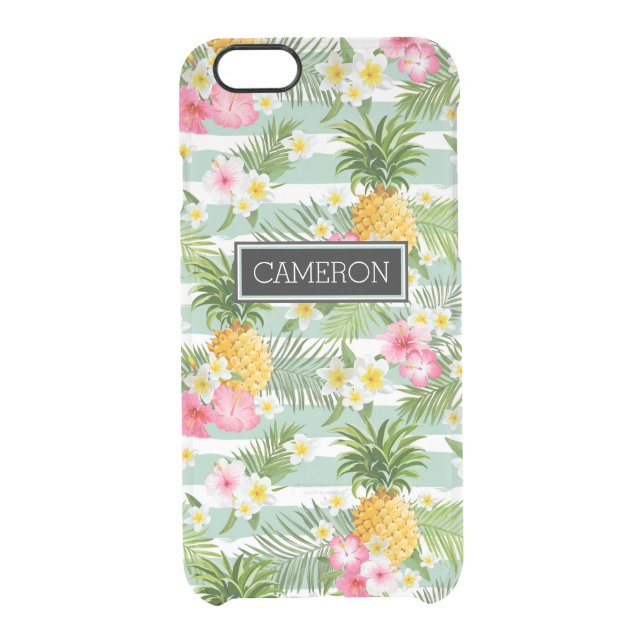 Flowers & Pineapple Teal Stripes | Add Your Name Uncommon iPhone Case (Back)