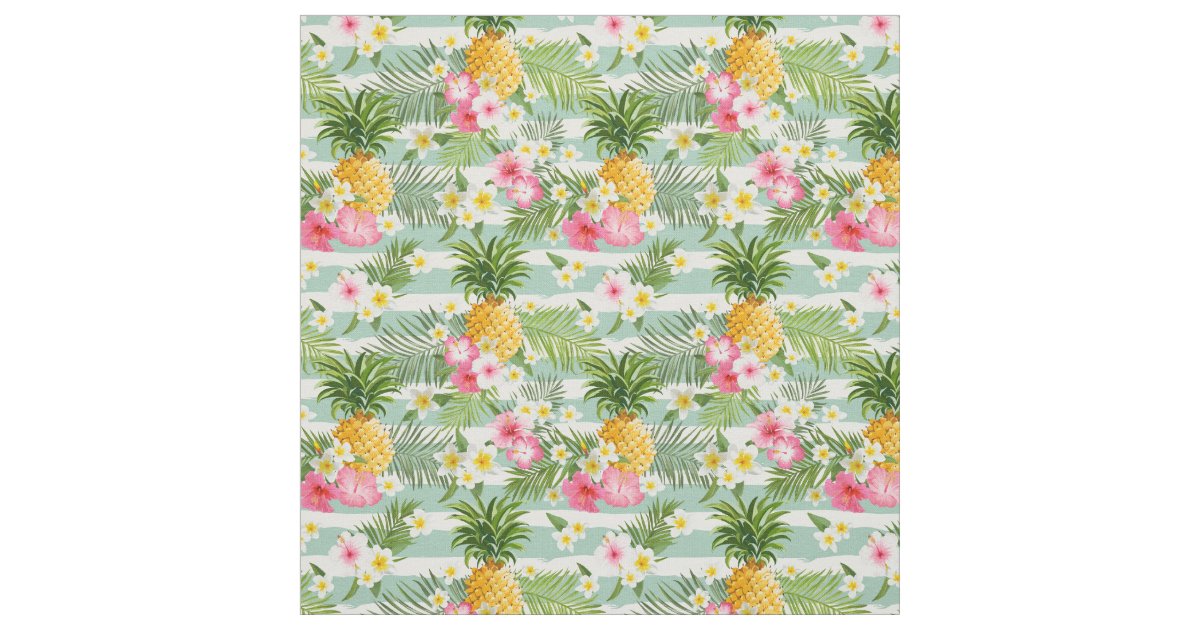 Flowers & Pineapple Teal Stripes Fabric Zazzle