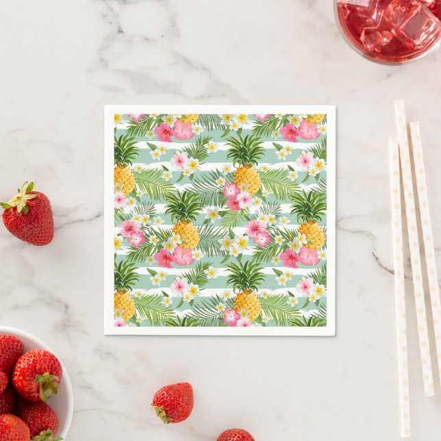 Flowers & Pineapple Teal Stripes Napkins (Insitu)