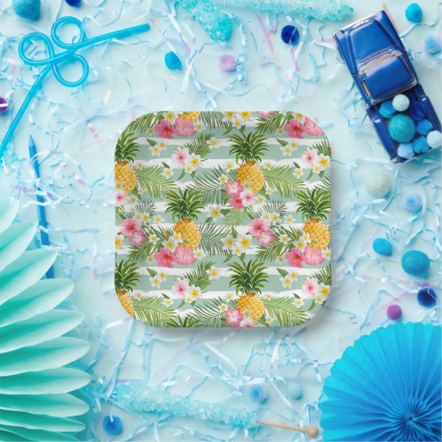 Flowers & Pineapple Teal Stripes Paper Plates (Party)