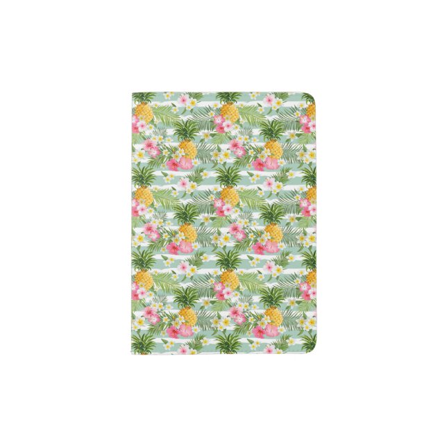 Flowers & Pineapple Teal Stripes Passport Holder (Front)
