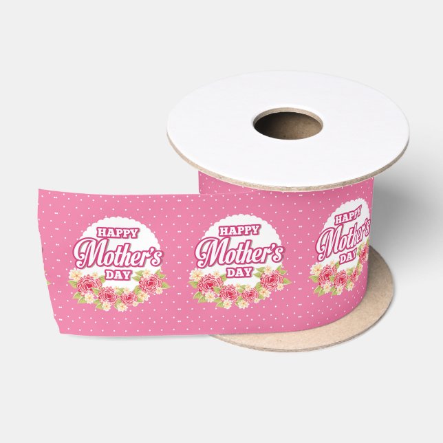 Flowers Pink and White Polka Dot Happy Mothers Day Satin Ribbon (Spool)