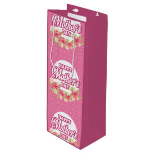 Flowers Pink and White Polka Dot Happy Mothers Day Wine Gift Bag